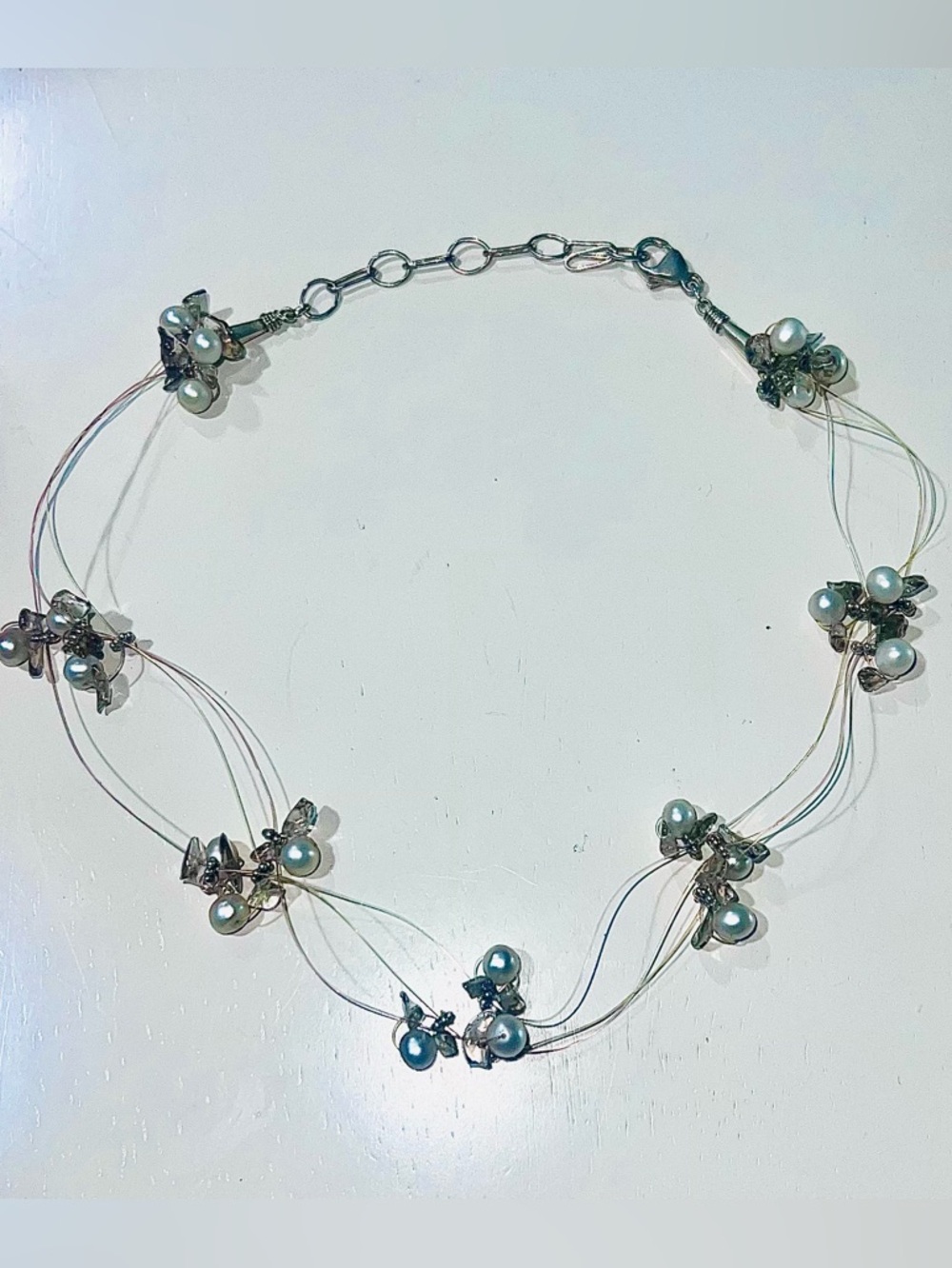Sterling silver Multi-Strand faux Pearl Cluster Necklace.